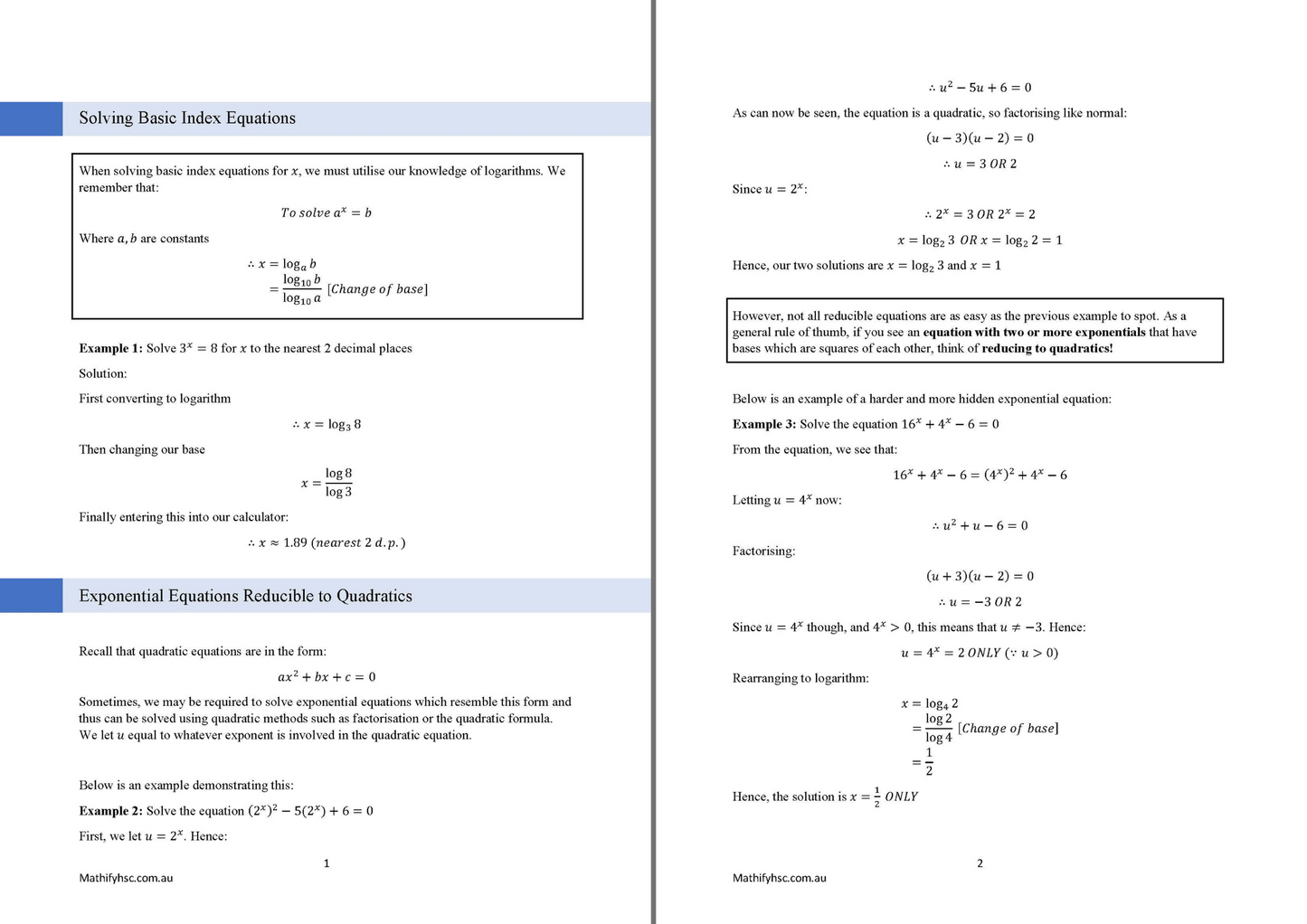 Year 11 Exponentials and Logarithms Workbooks Set - Old Syllabus Edition