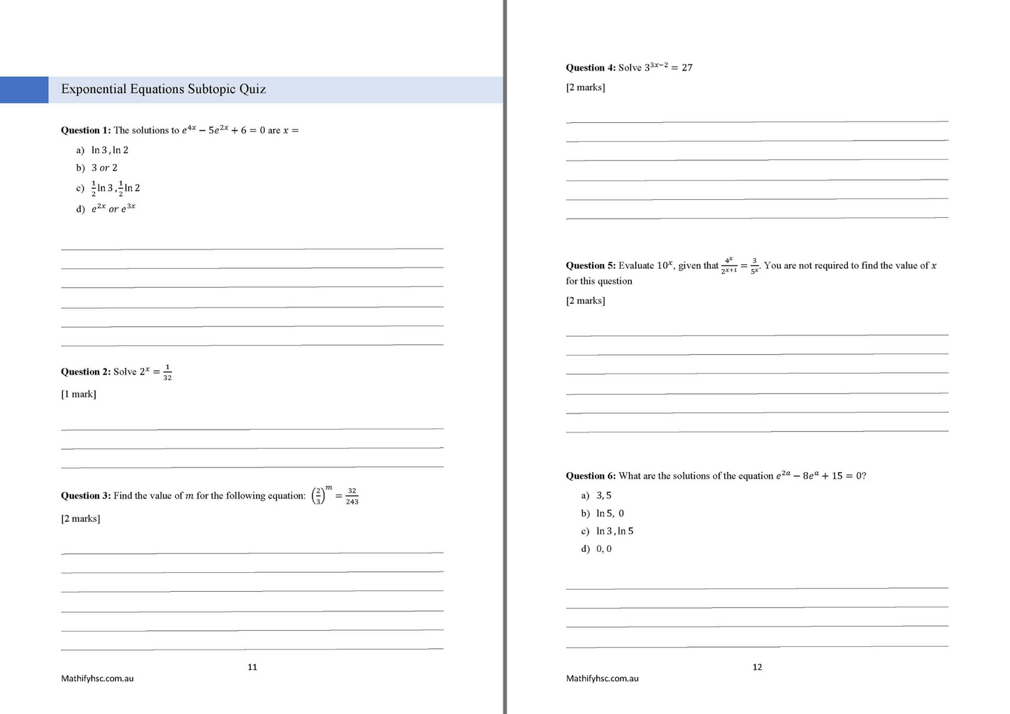 Year 11 Exponentials and Logarithms Workbooks Set