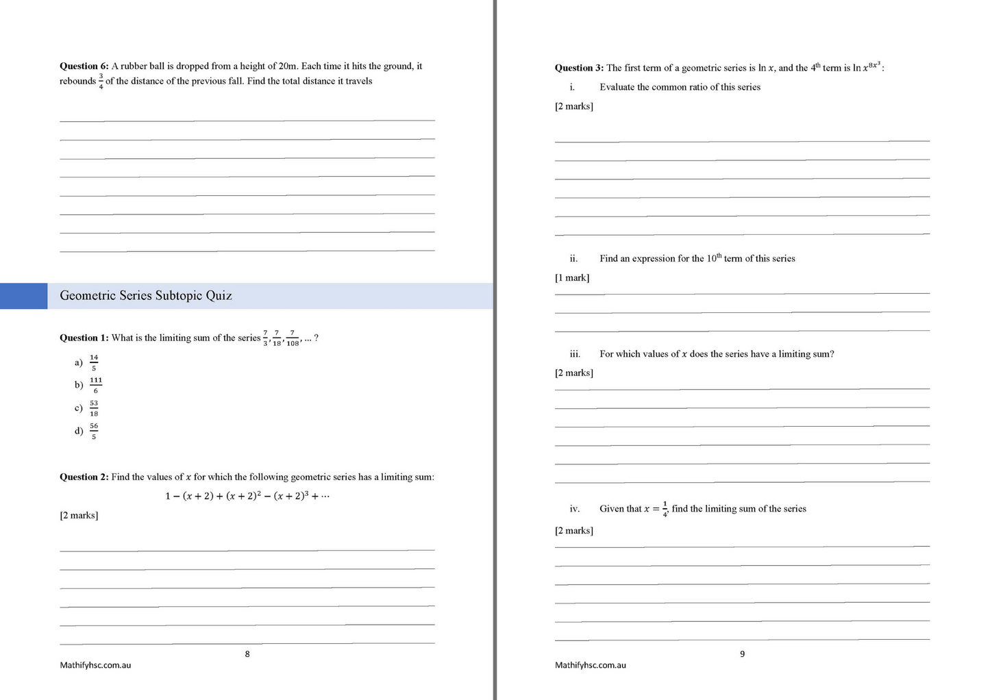 Year 12 Sequences and Series Workbooks Set