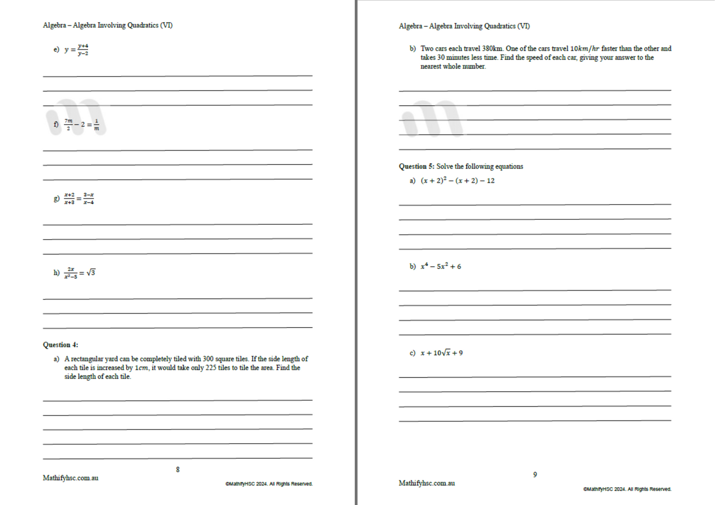 Year 11 Algebra Workbooks Set