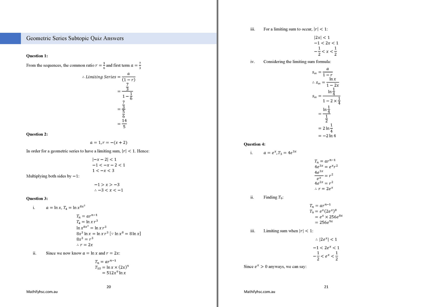 Year 12 Sequences and Series Workbooks Set