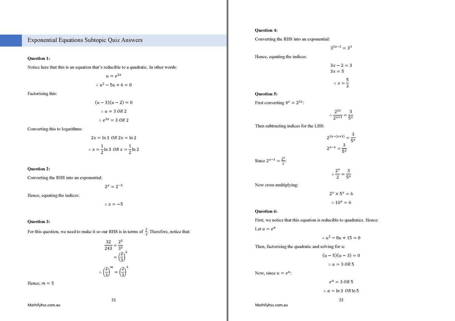 Year 11 Exponentials and Logarithms Workbooks Set